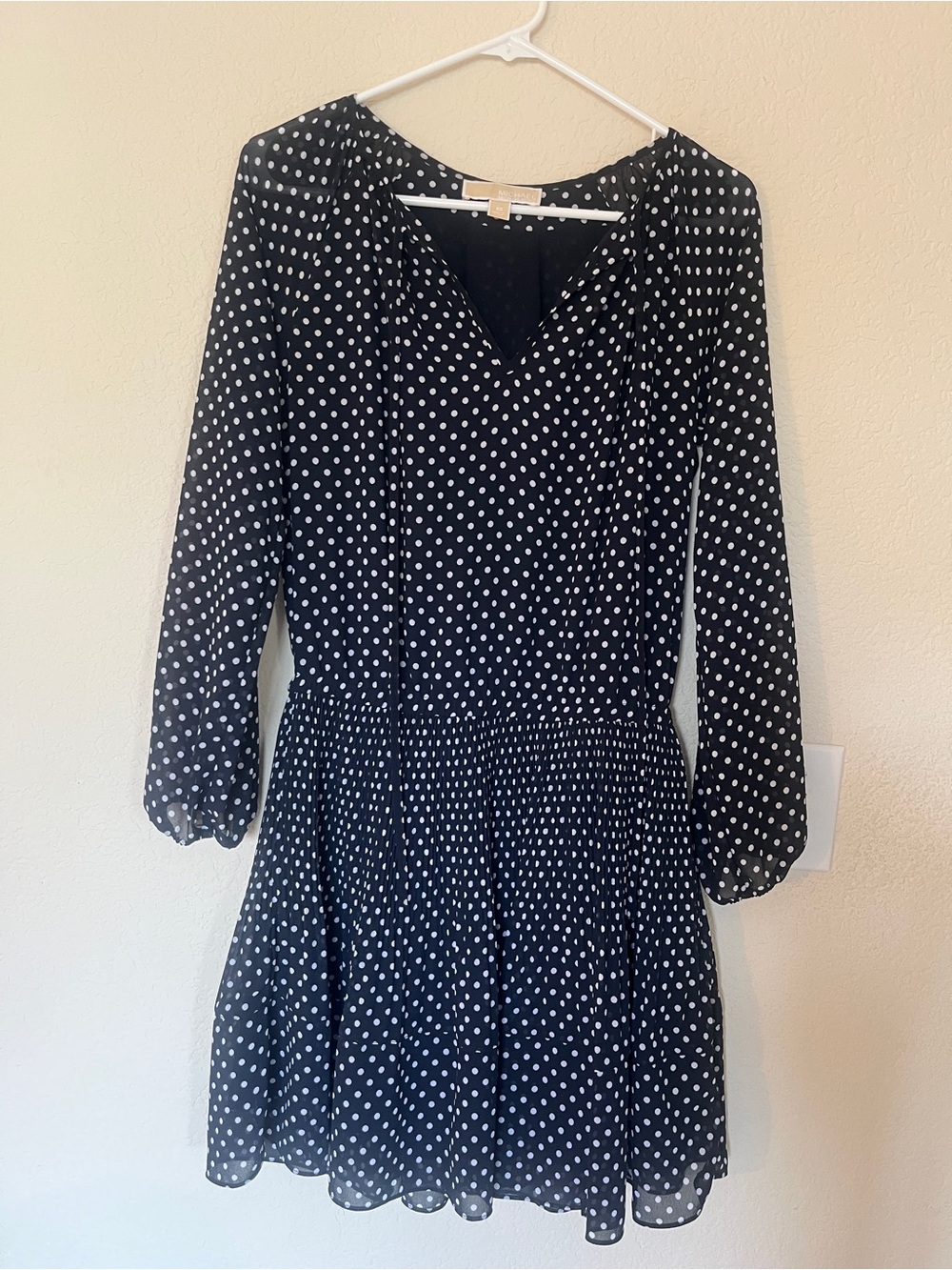 Michael Kors Navy Polka Dot Long Sleeve Midi Dress